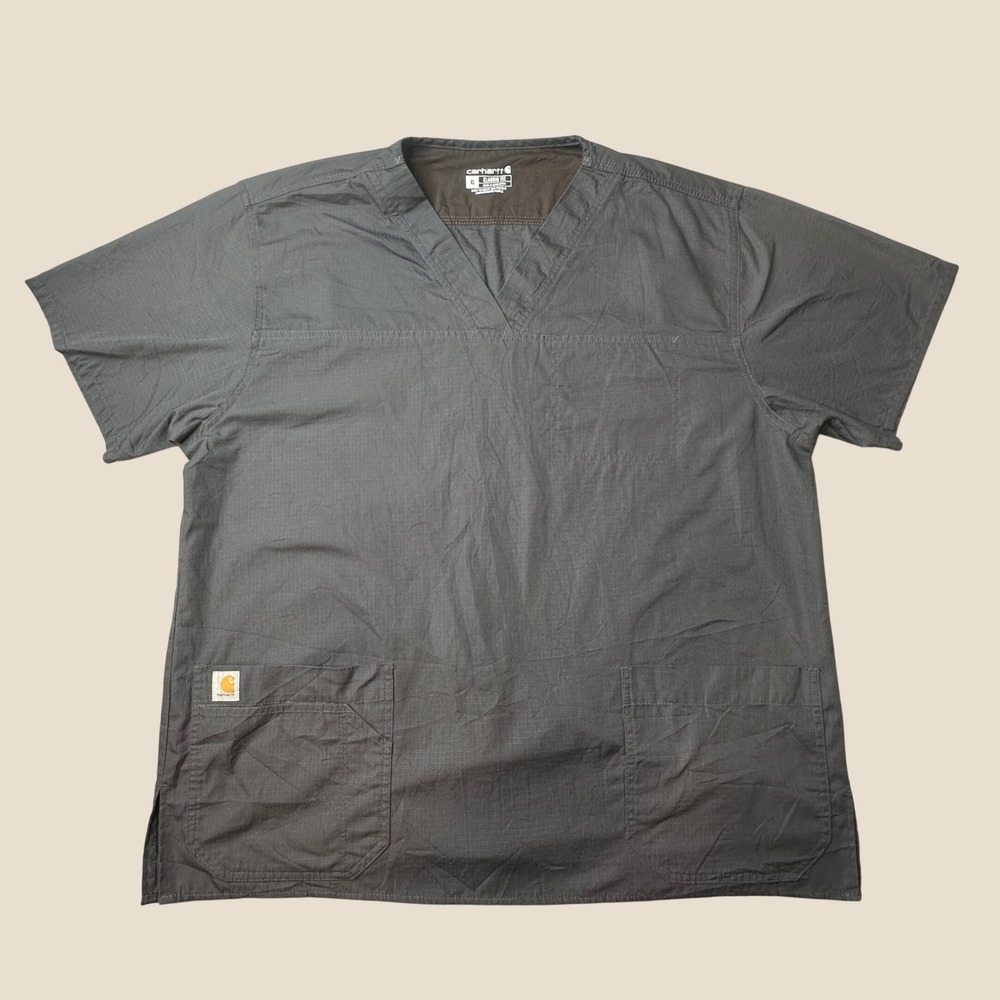 Carhartt Scrub Top Mens XL C15208 Classic Fit Gray Ripstop Short Sleeve V-Neck